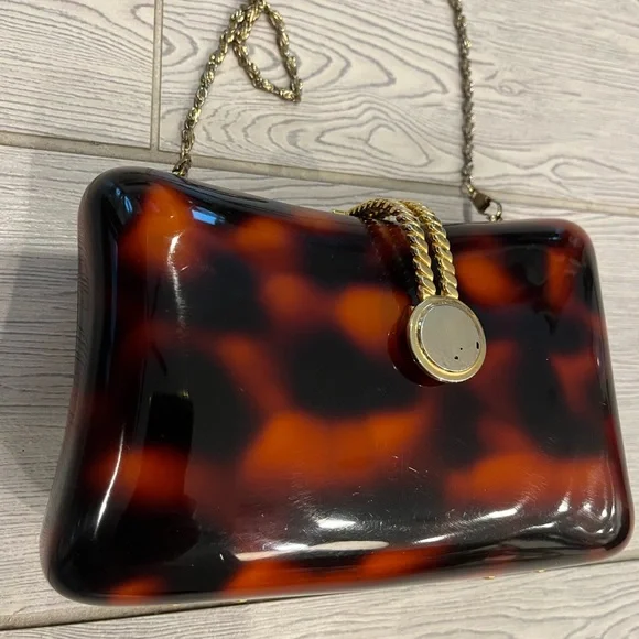 Vintage Brown Tortoiseshell Clutch Crossbody with Gold Chain Women